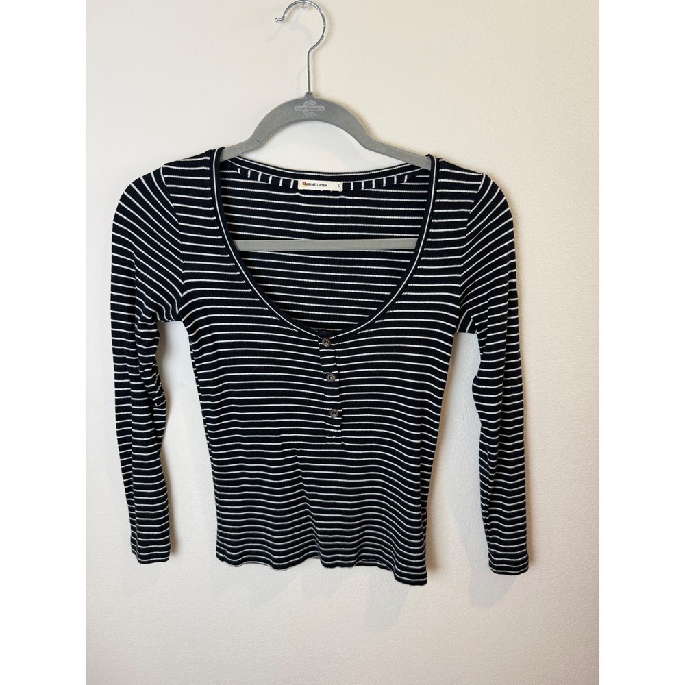 Marine Layer Womens Black White Striped Ribbed Henley Long Sleeve Top Small